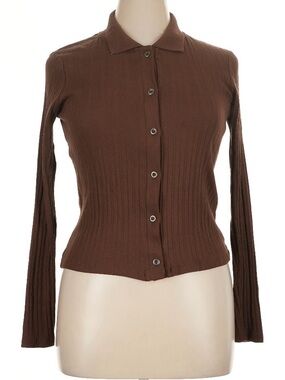 Zara Brown Ribbed Button-Down Collared Top